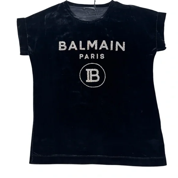 BALMAIN Black Velvet Glittered Logo Top Size 34 NWT - Picture 3 of 10